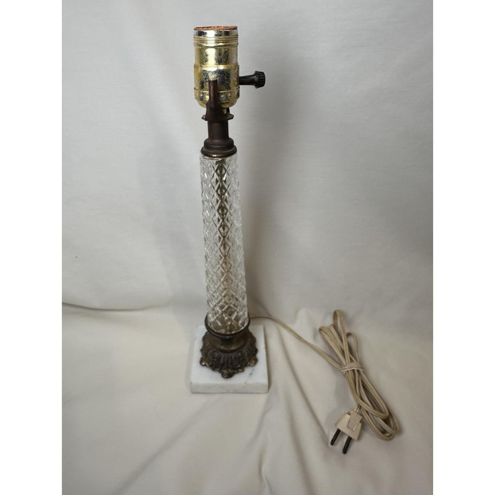 Vintage Glass Column Lamp White Marble Base Brass Hollywood Regency 15"